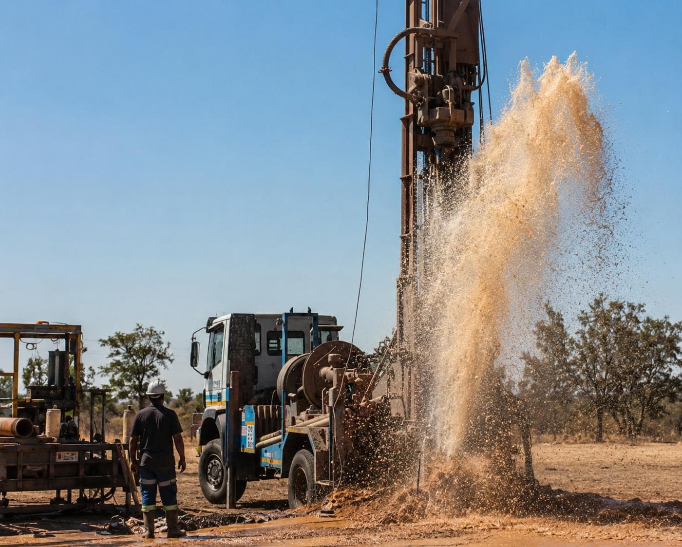 Jet d’eau sortant d’un forage sur le site, avec un technicien casqué et la foreuse
